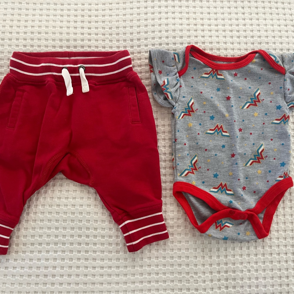 Hanna Andersson || Red Jogger Sweatpants + Wonderwoman Onesie